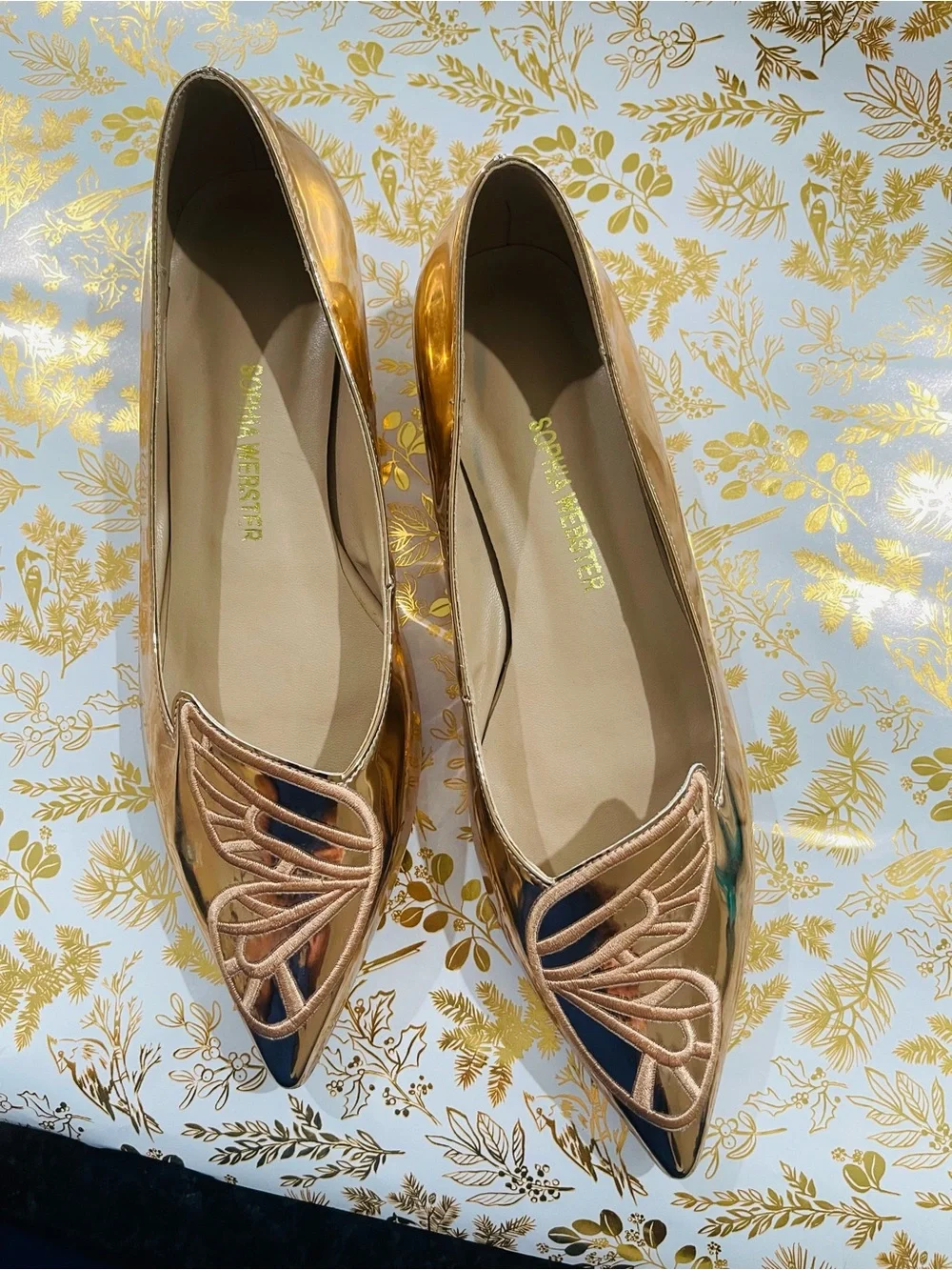 Sophia Webster Gold Metallic Pointed Toe Flats with Embroidered Wing Detail